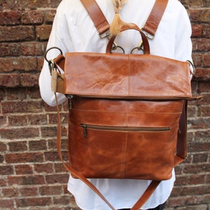 Convertible Tan Leather Backpack: Crossbody Laptop Bag