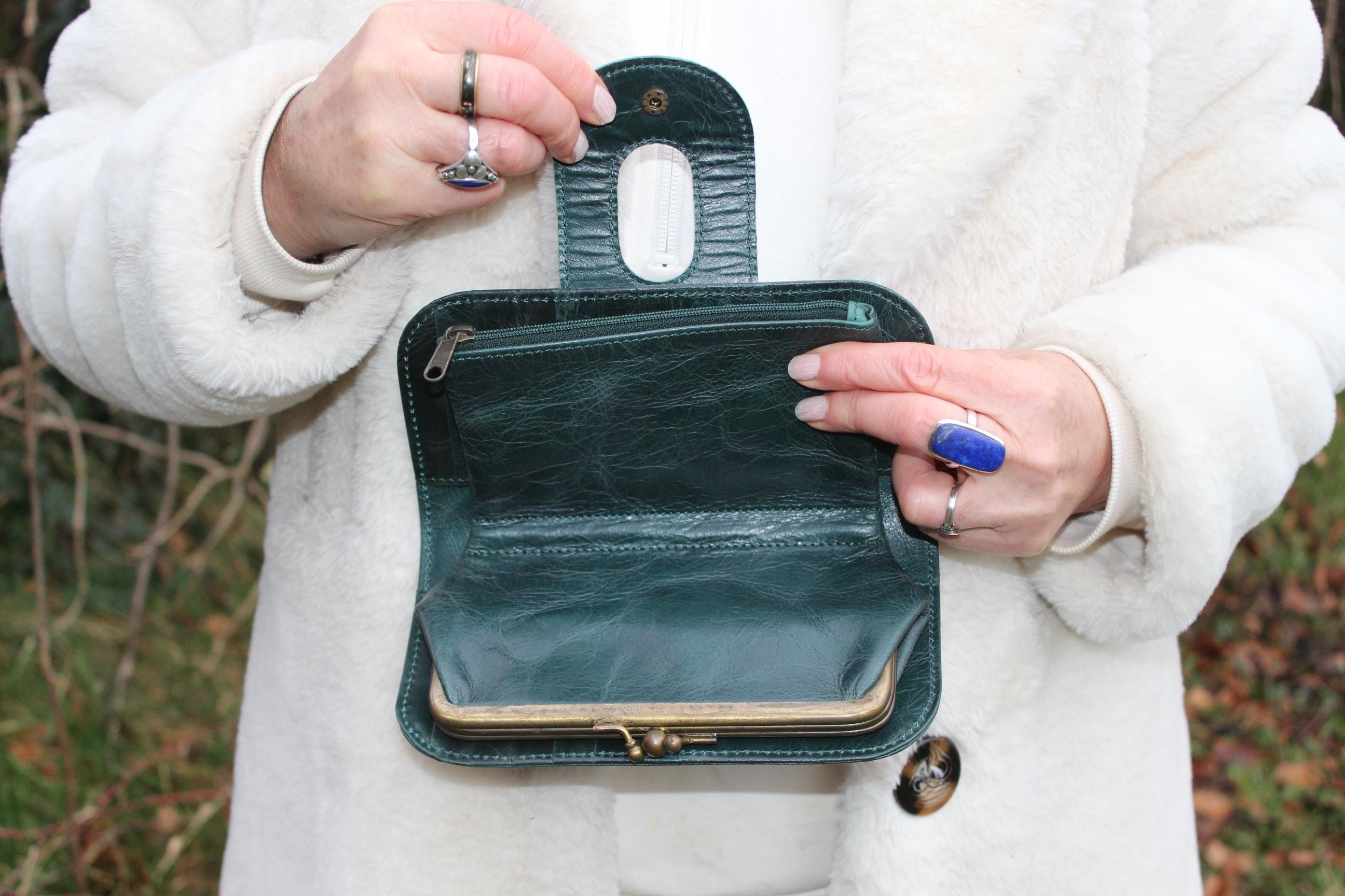 Teal Blue Leather Kiss Lock Wallet, Oversized Clutch With Zip