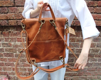 Amelie Convertible Backpack Tan Scrunchy Leather | Multiway Crossbody  Leather Bag With Rucksack Laptop Purse