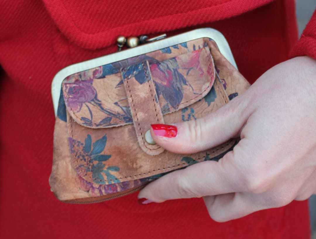 Double Top Clip Purse Flower Print Leather Purse Bottom Zip Etsy