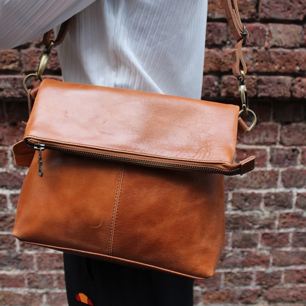 Mini Amelie Distressed Tan Leather Fold-over Messenger Bag, Pocket front and back, Internal compartments, Foldover handbag tan, Flap bag tan