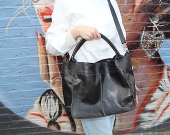 Black Leather Overnight Tote Bag: Medium Crossbody Weekend Bag