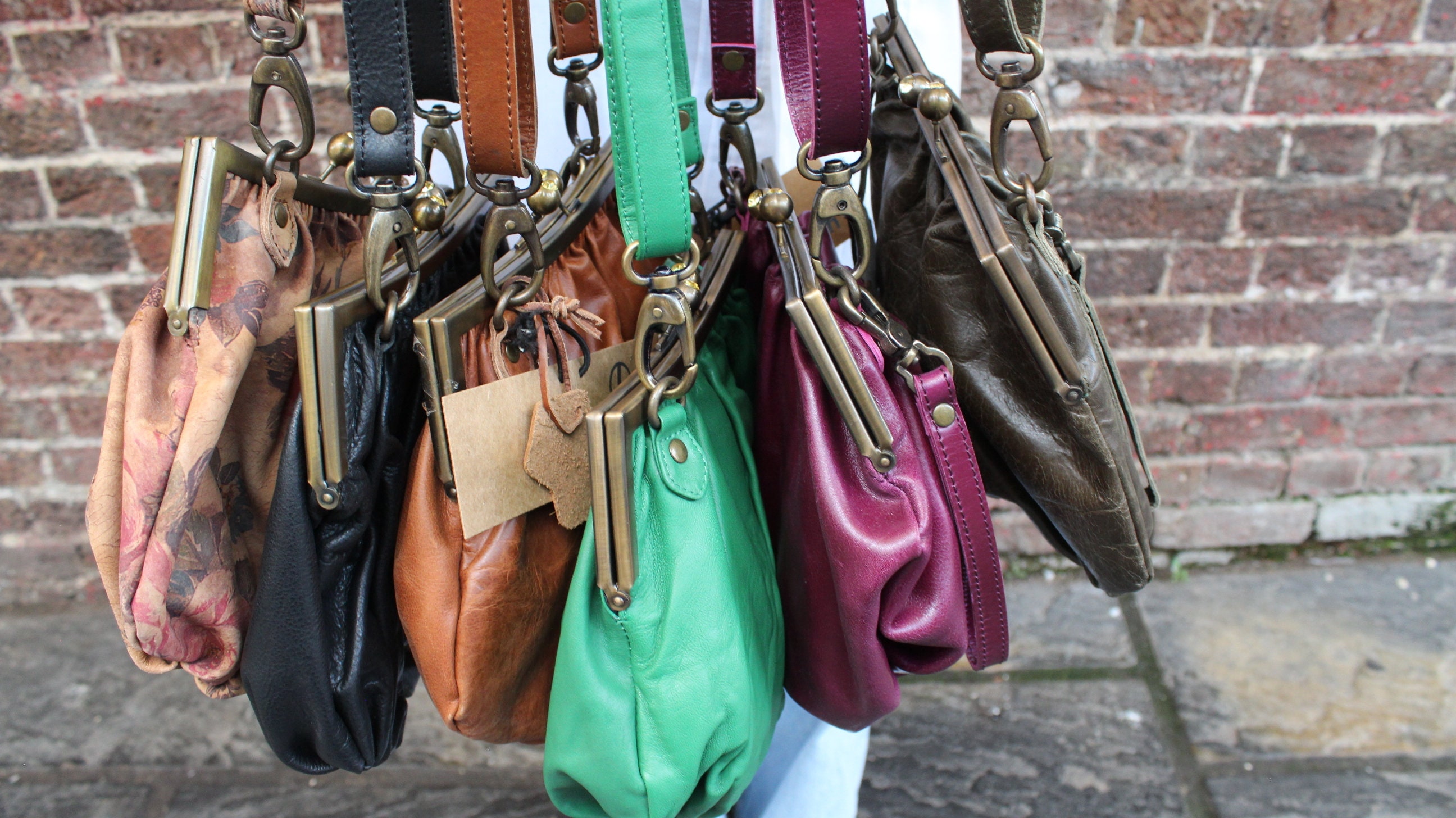 Red Leather Kiss Lock Bag: Gathered Clasp Purse With Adjustable