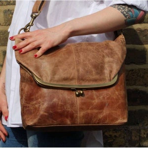 Dublin, Large Clip Bag, Tan Scrunchy Leather bag, Foldover Clip Bag