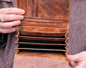 Distressed Tan Leather Accordion Wallet: Multi-Compartment Clutch style wallet,'Madamzel'