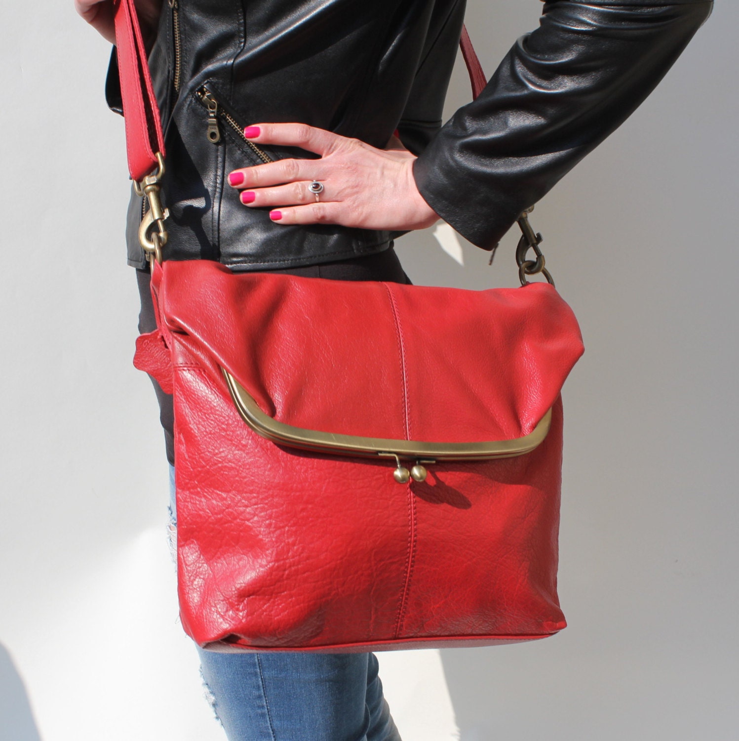 Dublin Large Clip Bag Red Leather bag Foldover Clip Bag Etsy