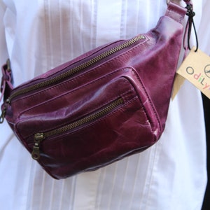 Purple Bum Bag, Leather, Double pocketed, YKK zipped two external compartments, Inner zip pocket, Chest bag, Hip Bag, Fanny pack, Festival