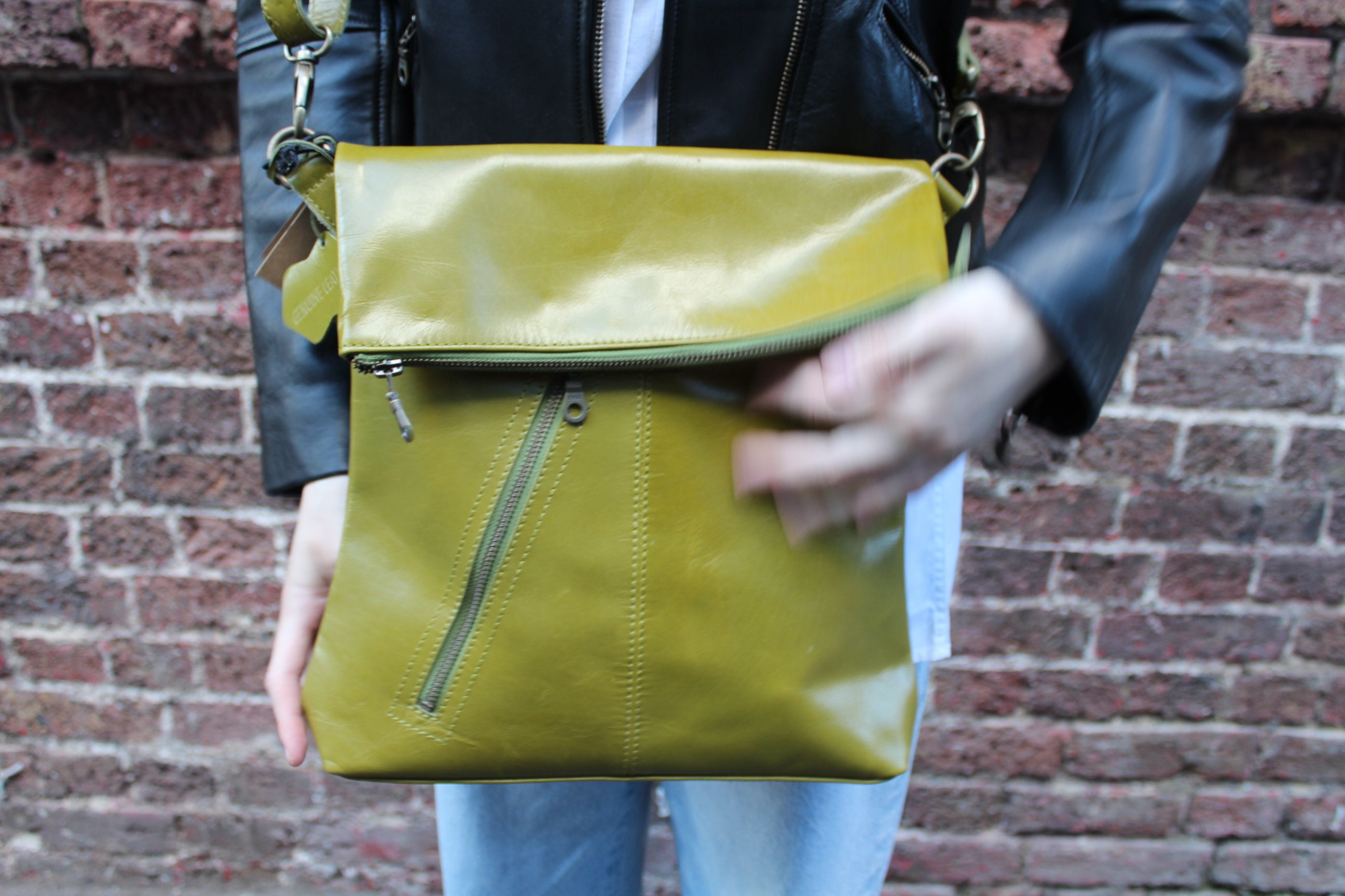 Amelie Apple Green Leather Messenger Bag With Slanted Front 