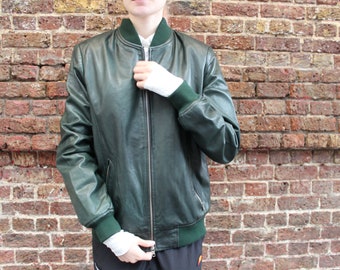 ダークグリーンのレザーボンバージャケット：50年代風ソフトレザー