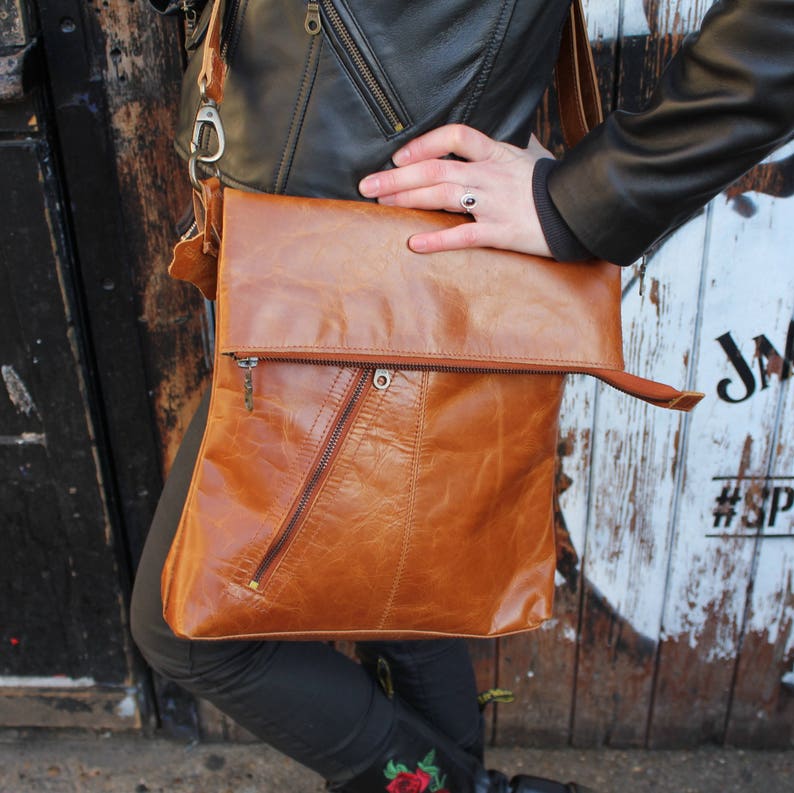 Odilynch Amelie, Tan smooth Leather Bag, Adjustable Messenger, Shoulder Bag, Cross-body, Foldover Zip Bag image 2