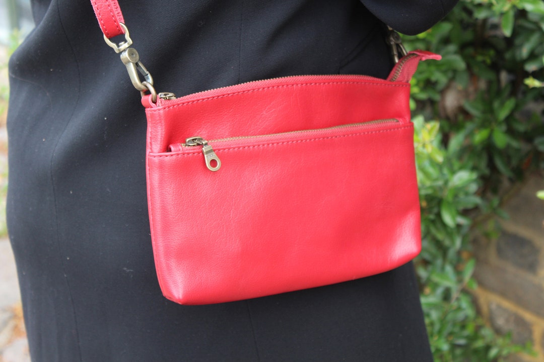 Small Red Bag Leather Mini Bag Front Zip Pocket Inner Etsy