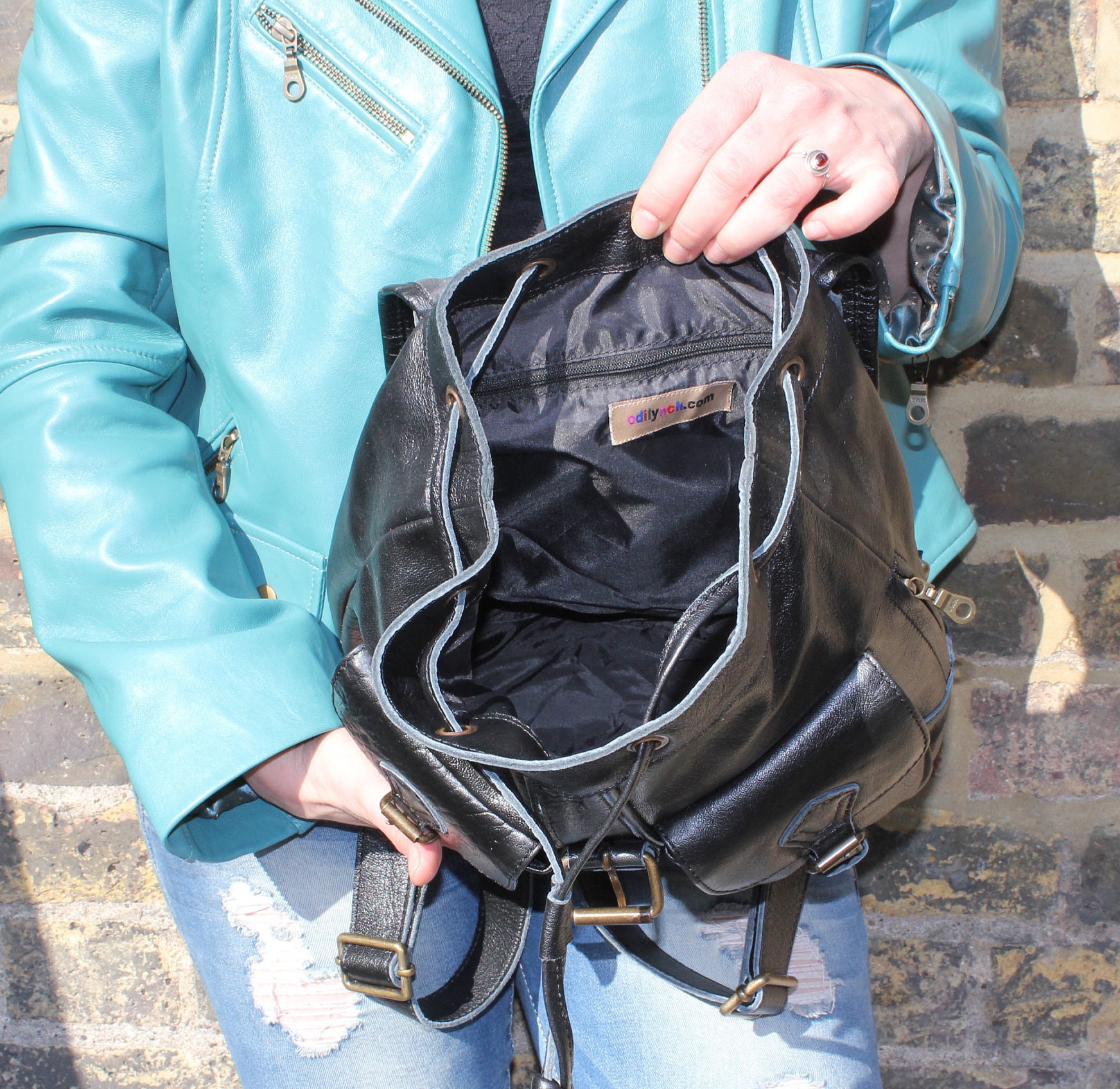 Black Leather Mini Backpack: 70s Style Rucksack With Buckled