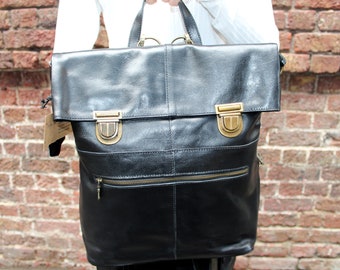 Convertible Leather Backpack Crossbody Bag: Black Rucksack, 16-17" Laptop, 'Belgian'