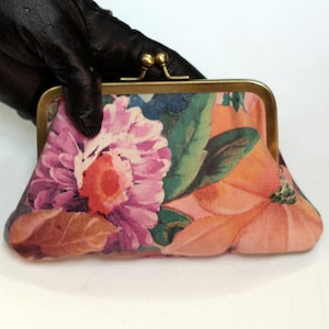 Kiss Clip Geldbörse, French Floral Kiss Lock Geldbörse, Flowerprint Leder Spange Geldbörse, Pink Rot Grün Lila Geldbörse, Miranda, Cardholder Geldbörse