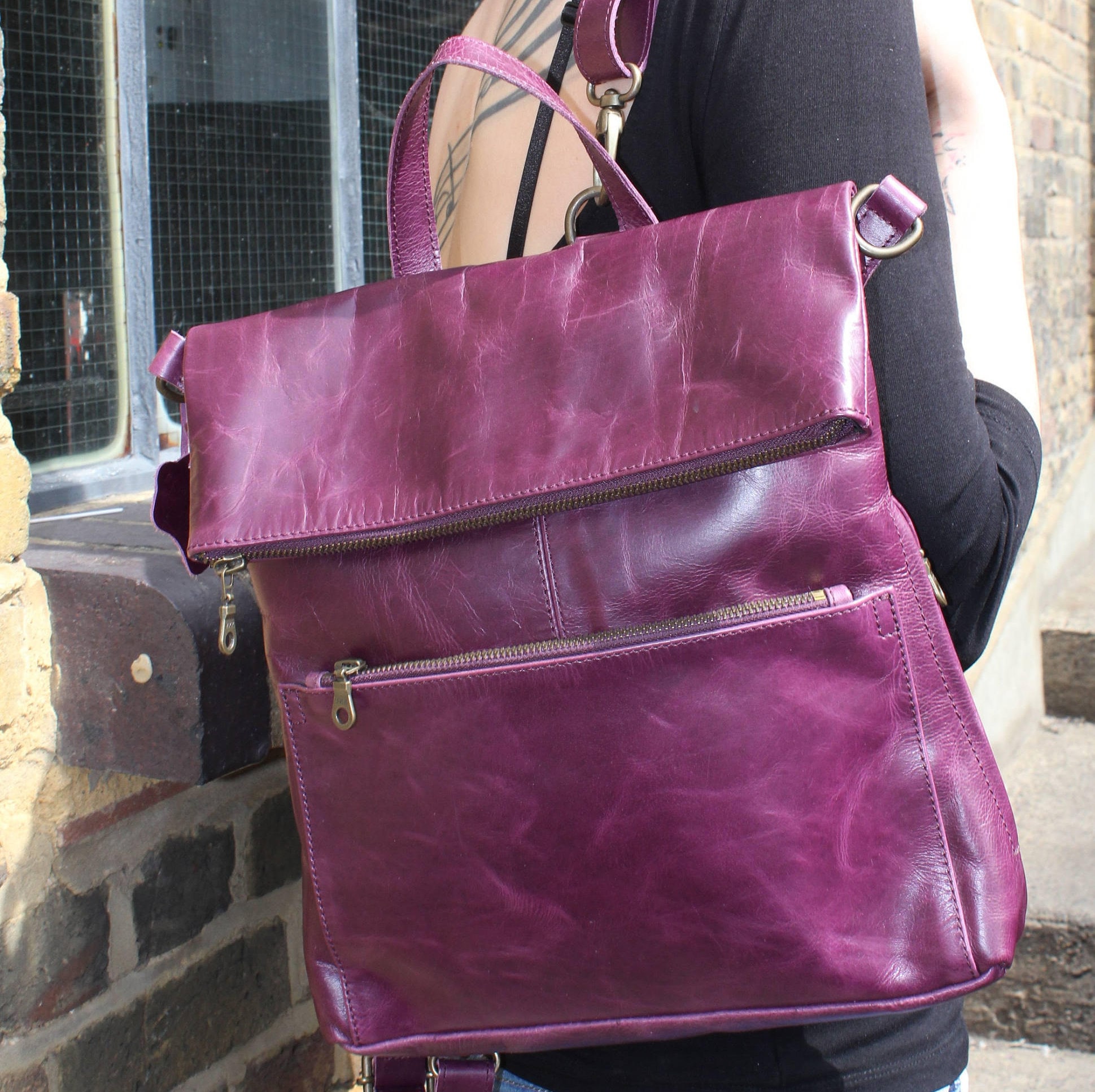 Purple Leather Convertible Backpack: Rucksack Messenger Bag 
