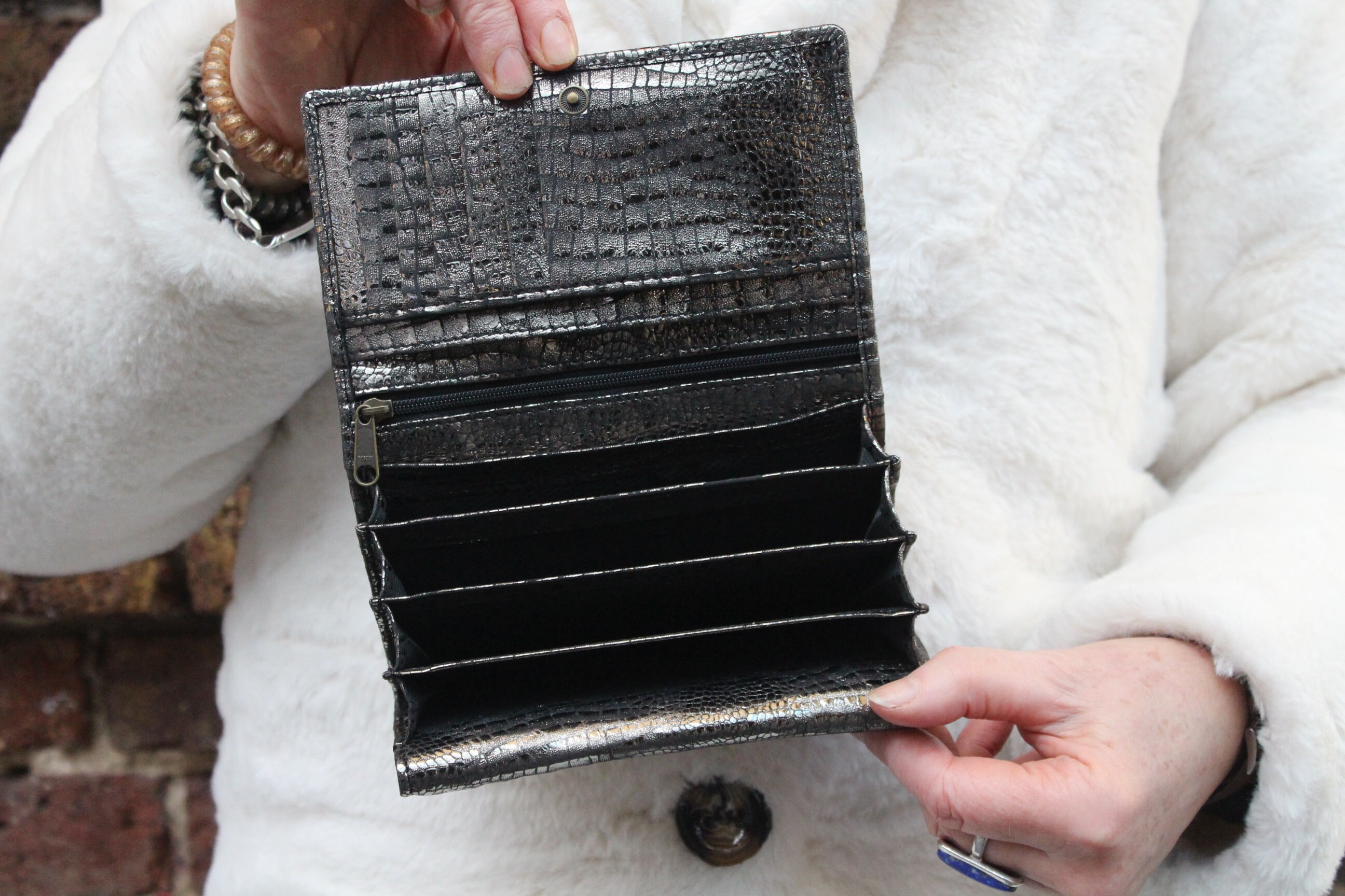 Dark Silver Croc Accordion Wallet: Multi Compartment Clutch Dark Silver Croc Accordion Wallet: Multi Compartment Clutch