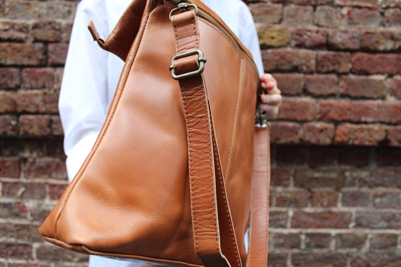 Odilynch Amelie, Tan smooth Leather Bag, Adjustable Messenger, Shoulder Bag, Cross-body, Foldover Zip Bag image 9
