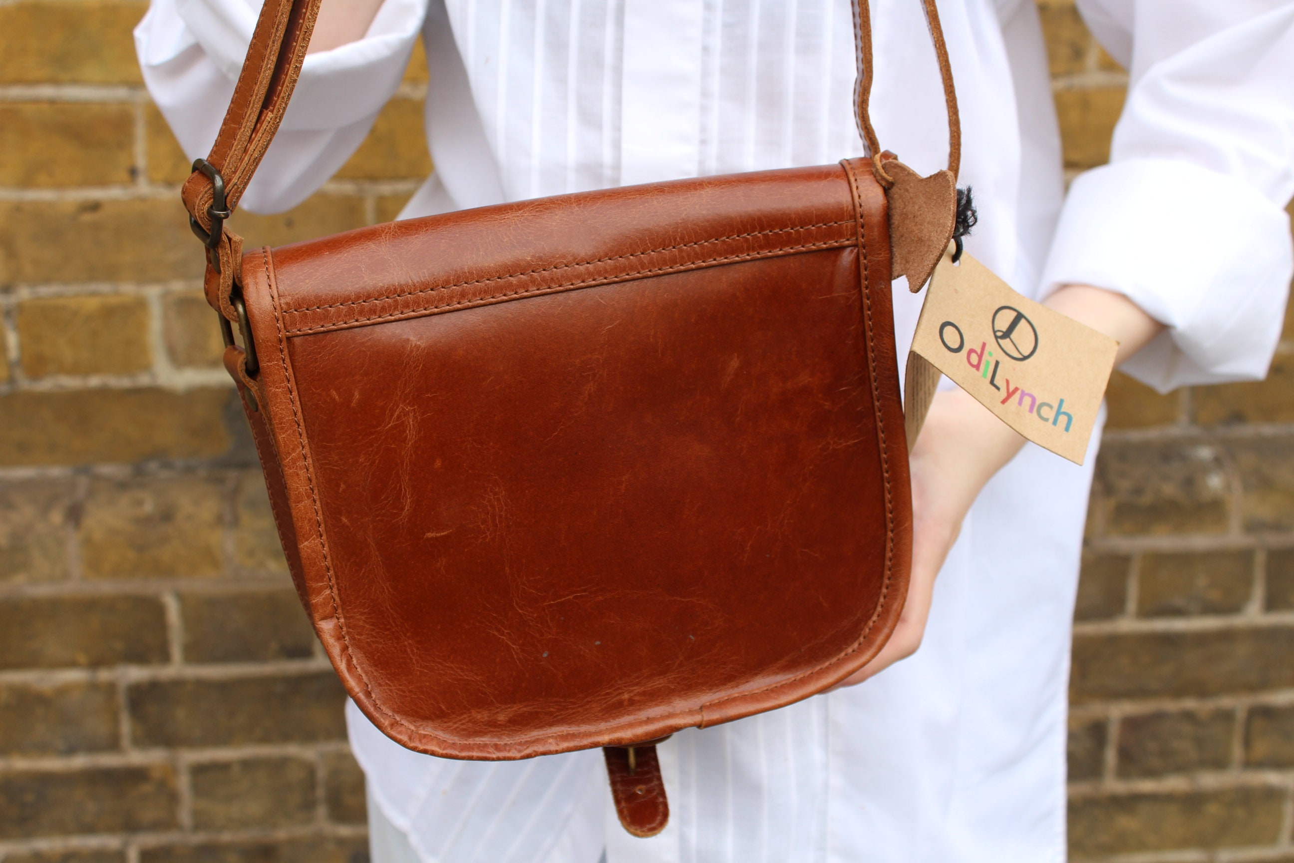 Saddle Bag Small, Isabelle, Tan Smooth Leather, Front Pocket Under 
