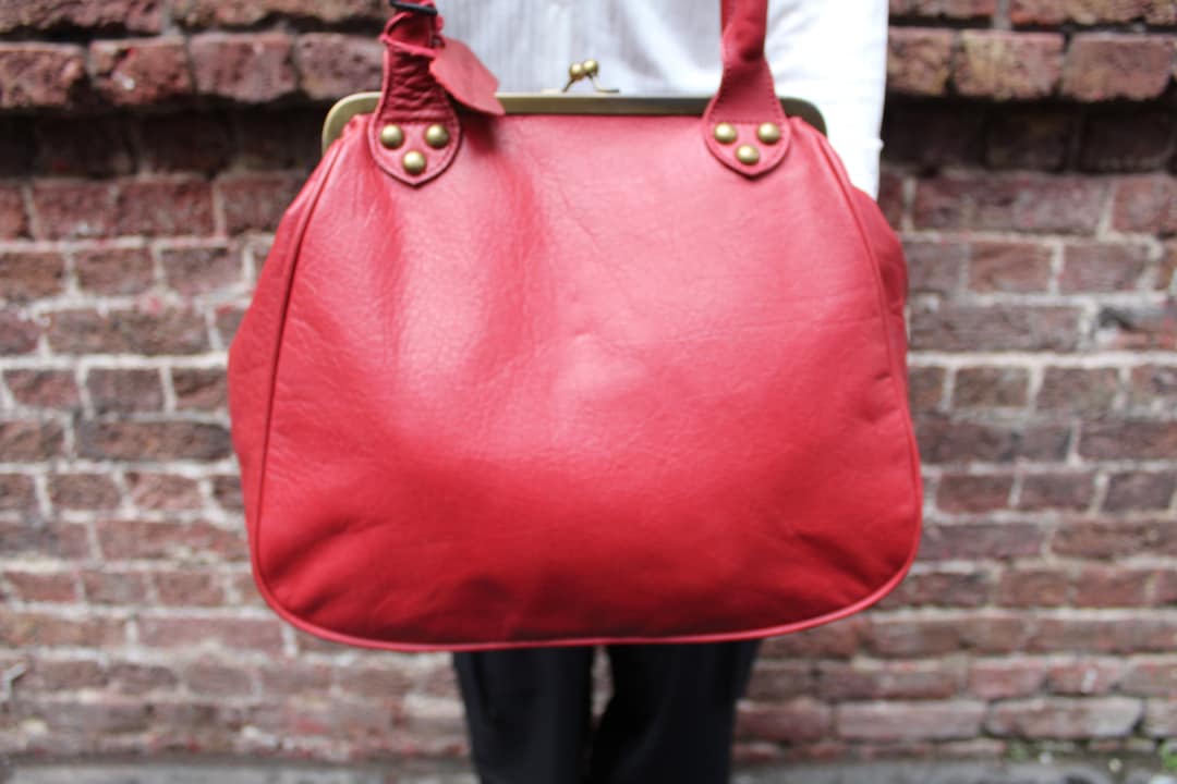 Lizzy Red Brass Strap Leather Shoulder Bag