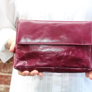 Clutch bag purple leather, Francesca, Front zip pocket behind flap, Lightweight, Giant purple purse, Make up bag, Event Evening Wedding bag