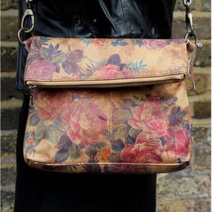 Mini Amelie Floral 14 Leather Fold Over Messenger Bag, Flap Bag Printed ...