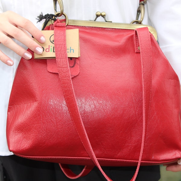 Red Leather top clasp, Ball clasp handbag, Medium Maya Clip Shoulder Convertible Crossbody, Adjustable Strap, Kiss lock purse red leather