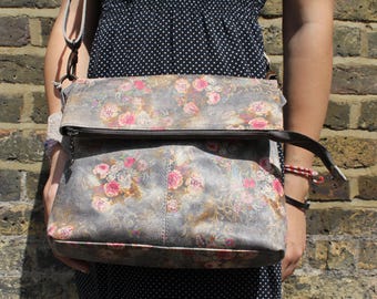 Mini Amelie Floral 21 Grey Leather Fold-over Messenger Bag | Small Sling Bag with Printed Design | Handmade Grey Flower Bag
