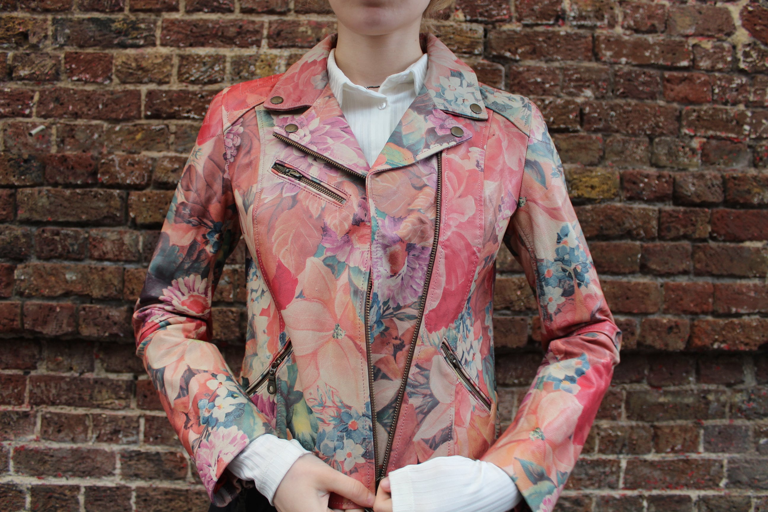 Biker Jacket With French Pink and Blue Art Printed Leather 