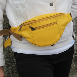 Yellow bum bag, Leather fanny bag in yellow, bright and bold fanny bag, 3 zips bum bag, Back zip fanny bag, Hip bag yellow, Patch bum bag