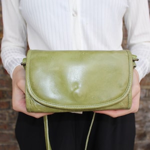 Apple Green Leather Theatre Clutch Bag, Convertible Multi-way, Avocado, Small Sling Bag, Adjustable Strap and Wrist, Big Handmade Wallet Bag