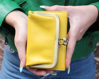 Clip Wallet Yellow Leather, Clasp frame wallet small, Trifold wallet kiss clip, Card notes and coin slots