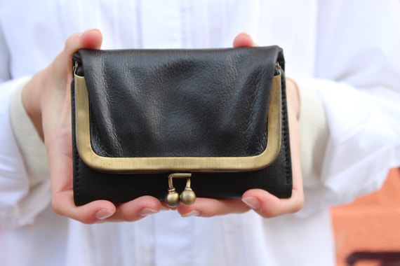 Small Black Leather Kiss-lock Wallet: 'evanna' Trifold Purse - Etsy