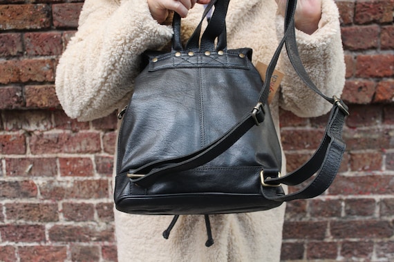 Black Leather Mini Backpack: 70s Style Rucksack With Buckled