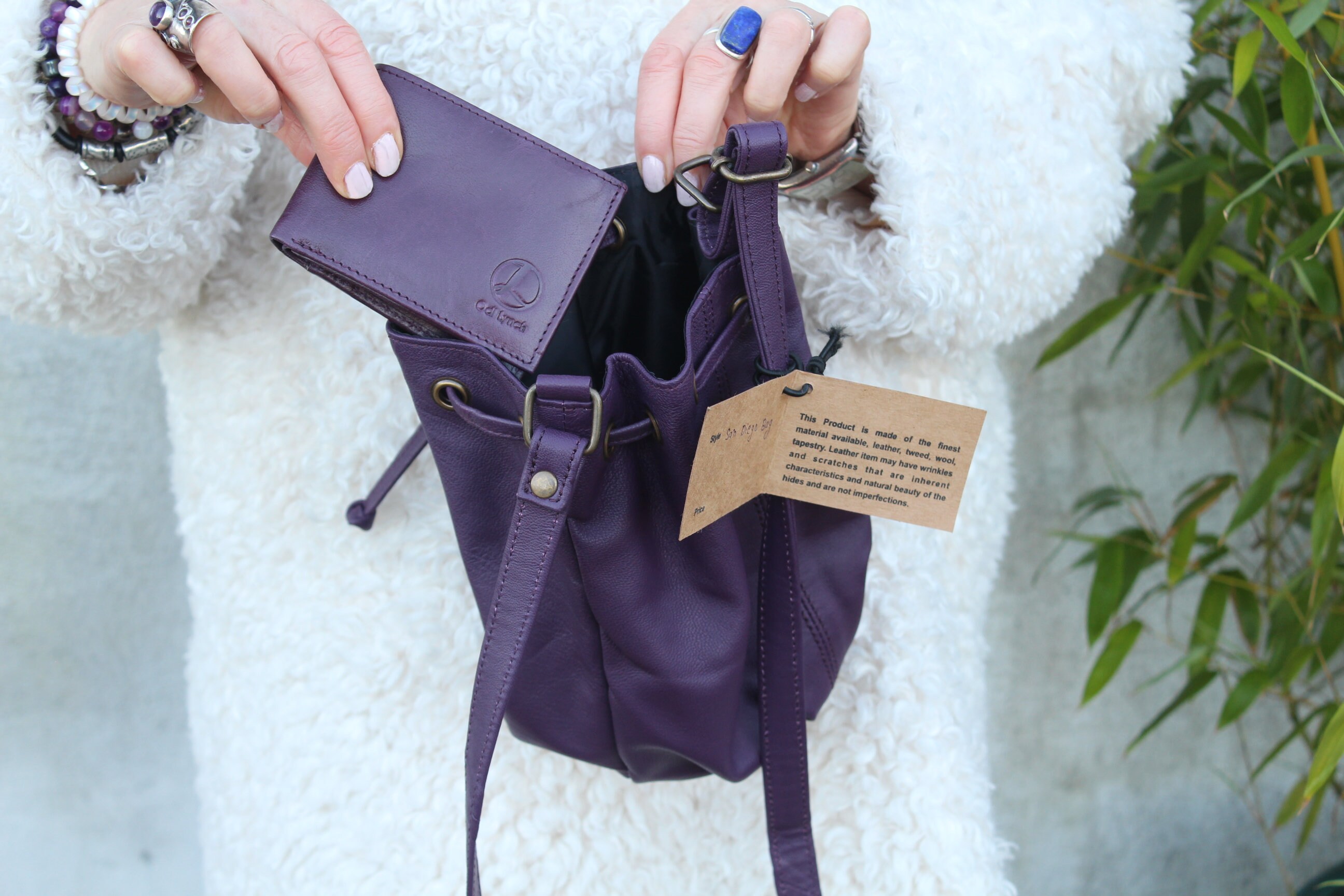 Bohemian Suede Leather Strap Drawstring Backpack Plum Purple Embroidered Vintage Women main image 4