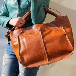 Große hellbraune Umhängetasche, Reisetasche, Laptop-Geldbörse und mehr, abnehmbarer langer Riemen, Bach-Tote und Umhängetasche aus glattem hellbraunem Leder