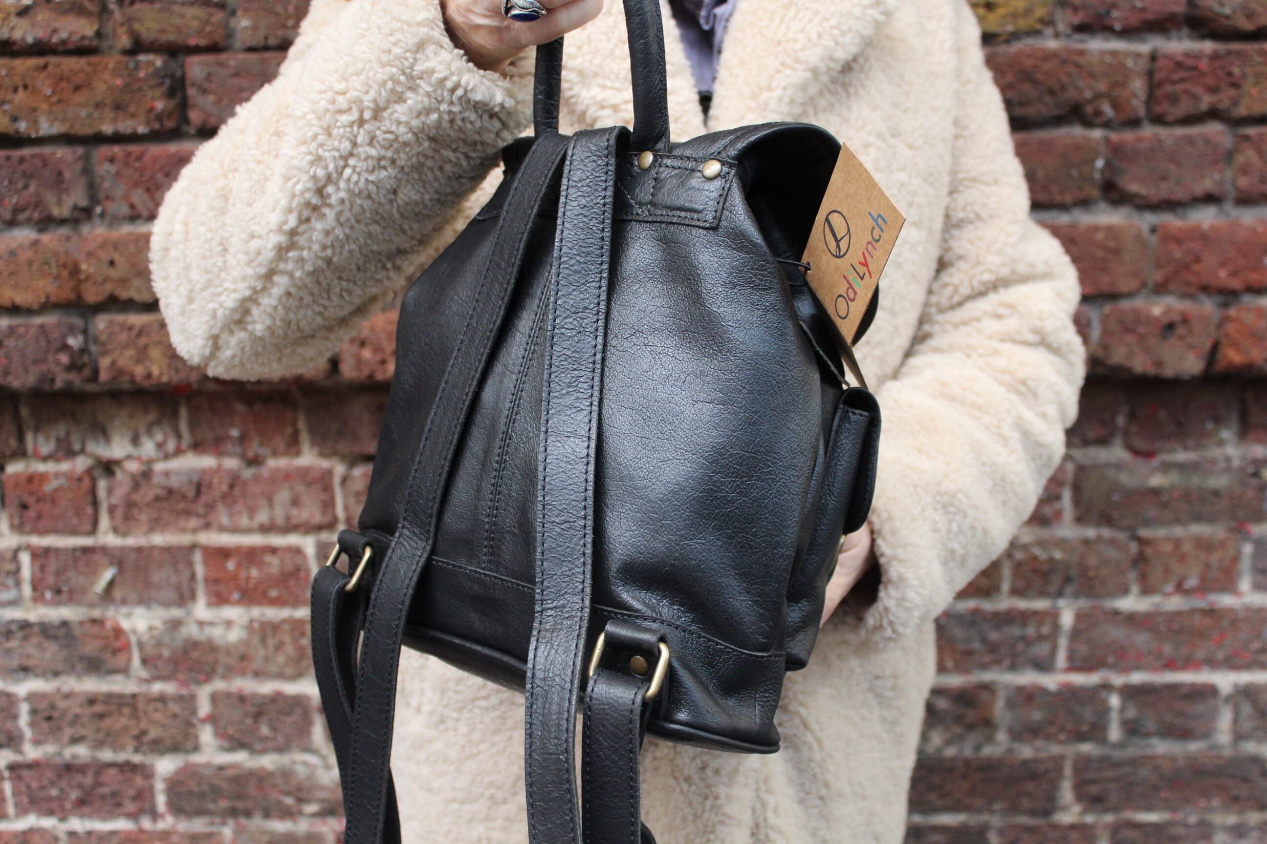 Rucksack Black Leather, Mini Backpack Pocketed, 2 Front
