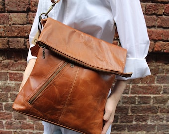 Odilynch Amelie, Tan smooth Leather Bag, Adjustable Messenger, Shoulder Bag, Cross-body, Foldover Zip Bag