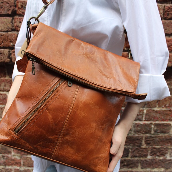 Odilynch Amelie, Tan smooth Leather Bag, Adjustable Messenger, Shoulder Bag, Cross-body, Foldover Zip Bag