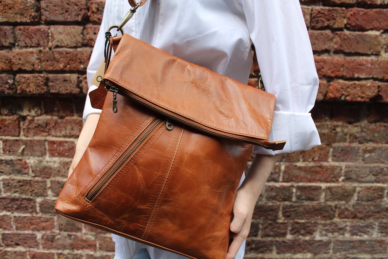 Odilynch Amelie, Tan smooth Leather Bag, Adjustable Messenger, Shoulder Bag, Cross-body, Foldover Zip Bag image 1