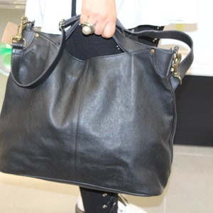 Large Black Leather Tote Bag: Adjustable Crossbody Strap, Brass Hardware