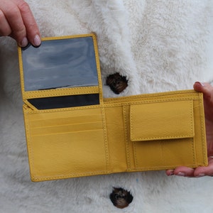Può includere: Un portafoglio in pelle gialla con più slot per carte e una finestra trasparente per l'ID.