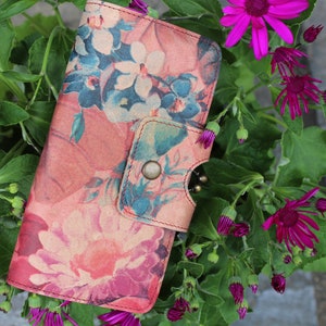 Large Evanna wallet, French Art printed leather, internal clip compartment, card spaces, coins, clutch, floral printed leather, pink flowers