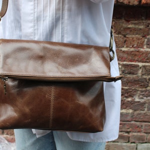 Flap over Brown Leather Bag, Mini Amelie Distressed Brown Leather Fold-over Messenger Bag, Back zip, Front Zip, Inner pockets, Long strap