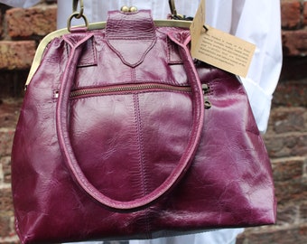 Purple Leather Clip Top Bag: Shoulder Crossbody Handbag