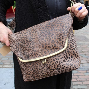 Dublin Large Clip Bag, Leopard Leather bag, Fold over Clip Bag, Large clip bag, Flap over clip lock bag, Leopard printed leather cross body