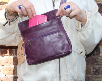 Mini-Ledertasche, Lila Handtasche Cross Body, Mini Tasche langer Riemen, Lila Clutch Tasche, Handytasche, Handytasche, Tasche Clutch violett