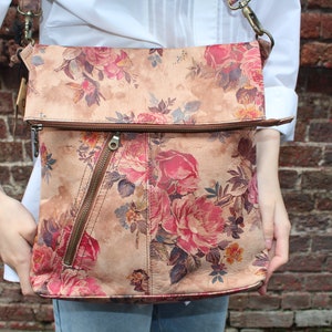 Slanted large messenger bag, Floral printed leather, Amelie, Floral Print Leather Messenger Bag with slanted front pocket and backpocket