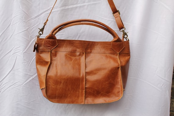 Tan Leather Oversized Tote Bag: Laptop Weekend Bag with Strap