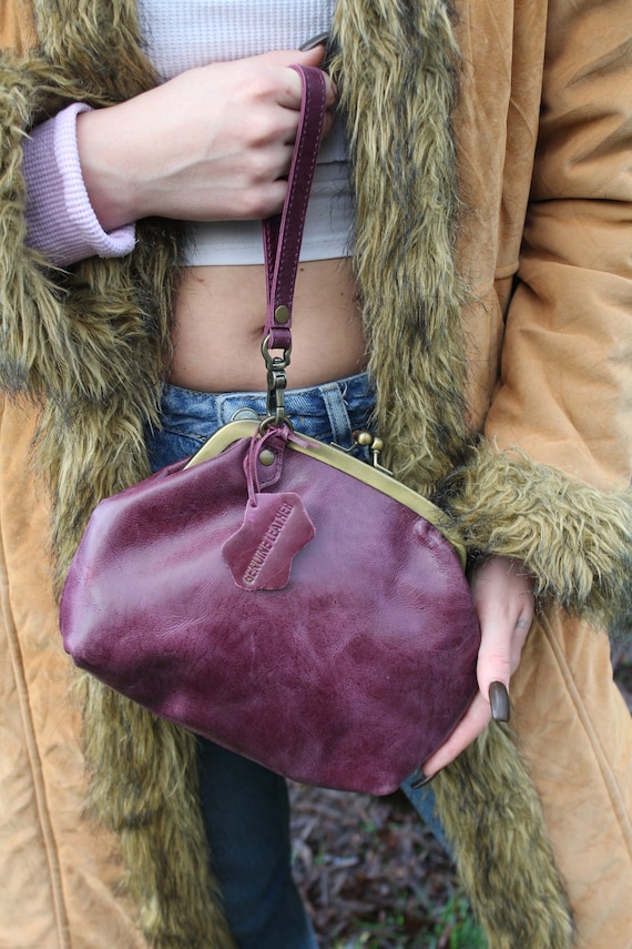 Borsa a mano grande con clip superiore in pelle viola borsa con chiusura a chiusura borsa