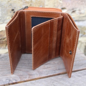 Pequeña cartera tríptica Grande Tan en cuero genuino / Hecho a mano Multi Compartimento Clásico Monedero Marrón Claro Unisex